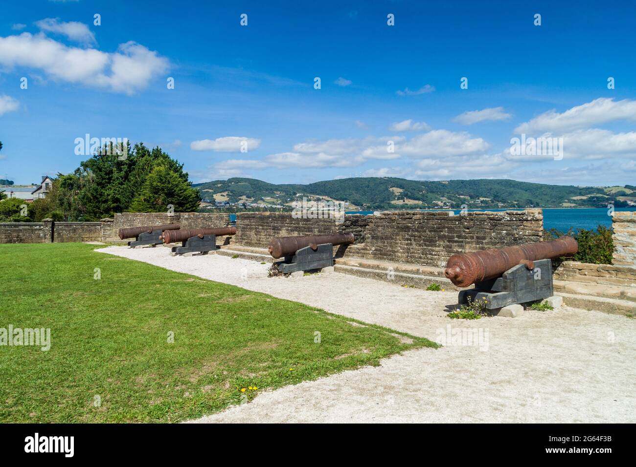Cannons on a fortification of a fort Fuerte San Antonio in Ancud, Chiloe island, Chile Stock Photo
