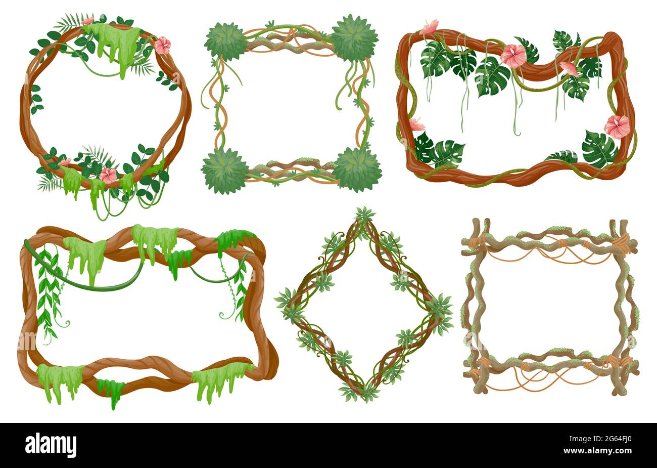 Jungle liana frames. Cartoon rainforest branches with moss, vines with tropical leaves and exotic flowers round and square frame vector set Stock Vector
