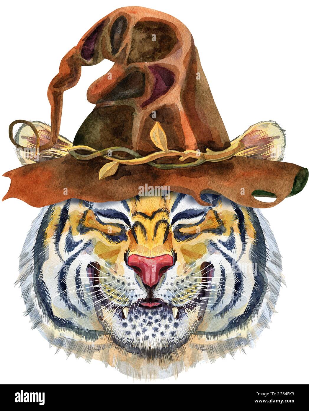 Watercolor illustration of orange smiling tiger in brown witch hat Stock Photo