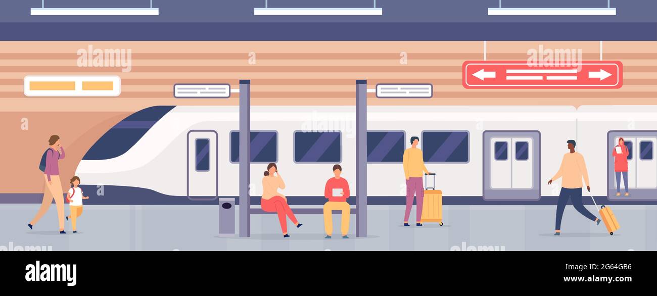Subway platform with people. Passengers on metro station waiting for train. City underground public railway transport, flat vector concept Stock Vector