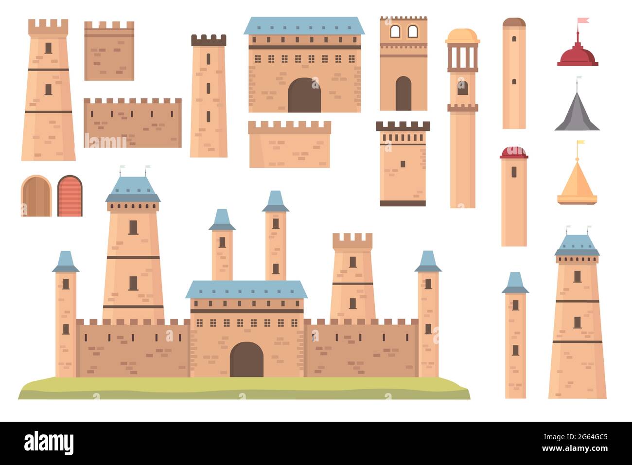 Castle constructor. Medieval architecture elements, towers with flags, walls and doors. Old historical bastion building, fortress vector set Stock Vector