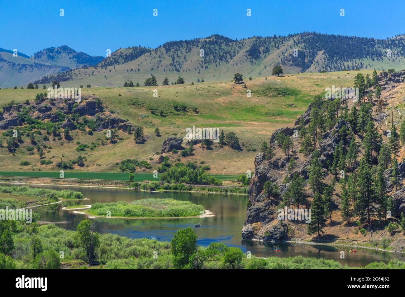 boaters floating on the missouri river near craig, montana Stock Photo