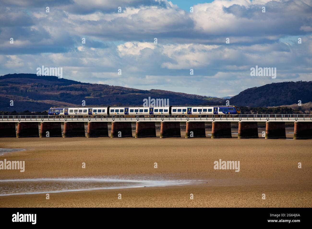 FILE IMAGE: Arnside Viaduct, Cumbria Unit Kingdom CAF Class 195 three car train. THe final Class 195 Civity train for Northern Trains was delivered in December 2020, completing an order, awarded in 2016, for 25 two-car and 33 three-car set trains. These trains join a fleet of 43 Class 331 units which have also entered into service giving a combined order for Northern of 101 trains.Credit: PN News/Alamy Live News  Stock Photo