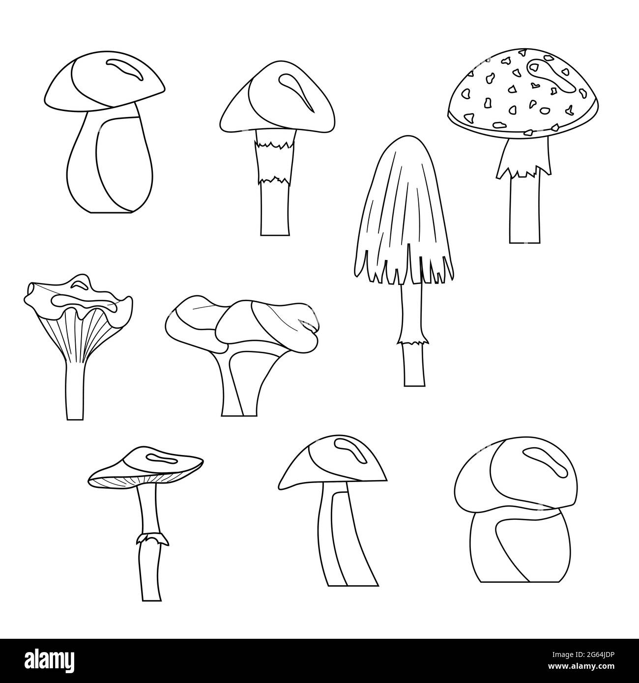 A set of mushroom coloring pages. Vector isolated on a white background