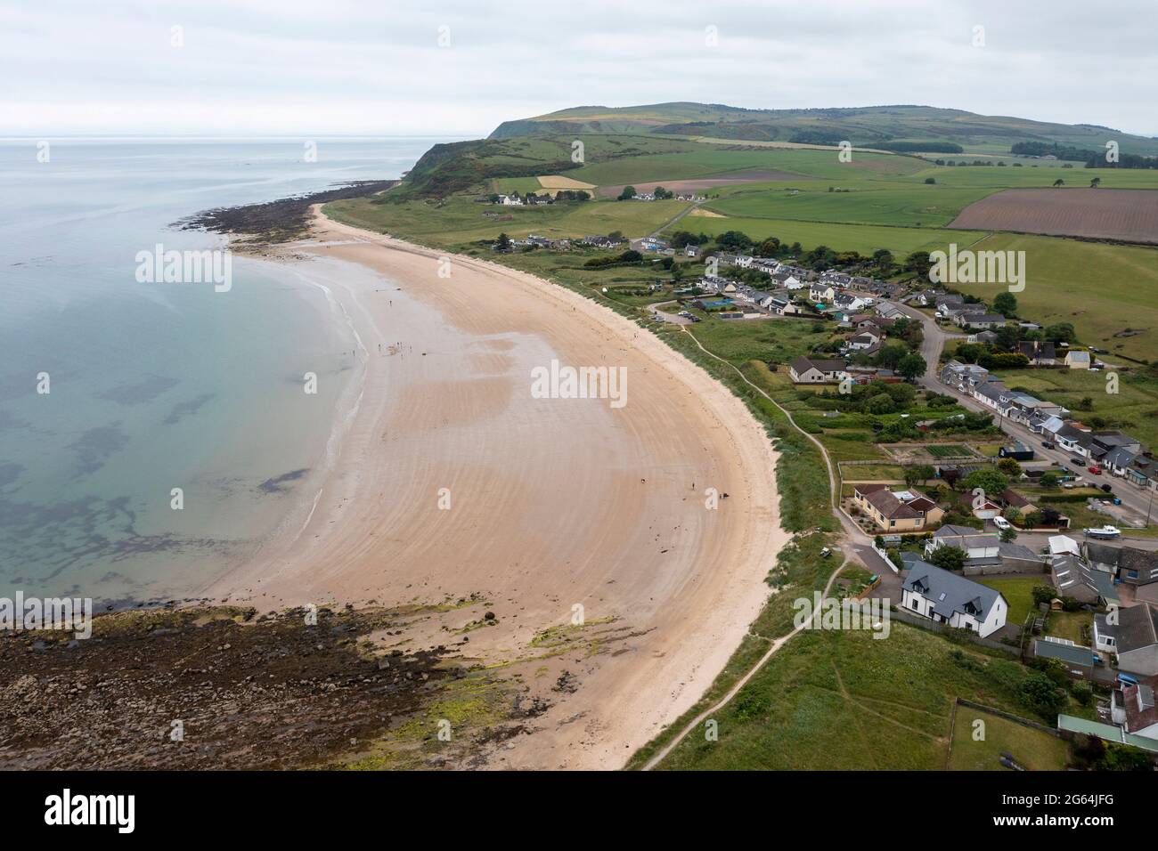 Aerial view of Shandwick Bay beach and seaboard villages of Shandwick and Balintore. Stock Photo