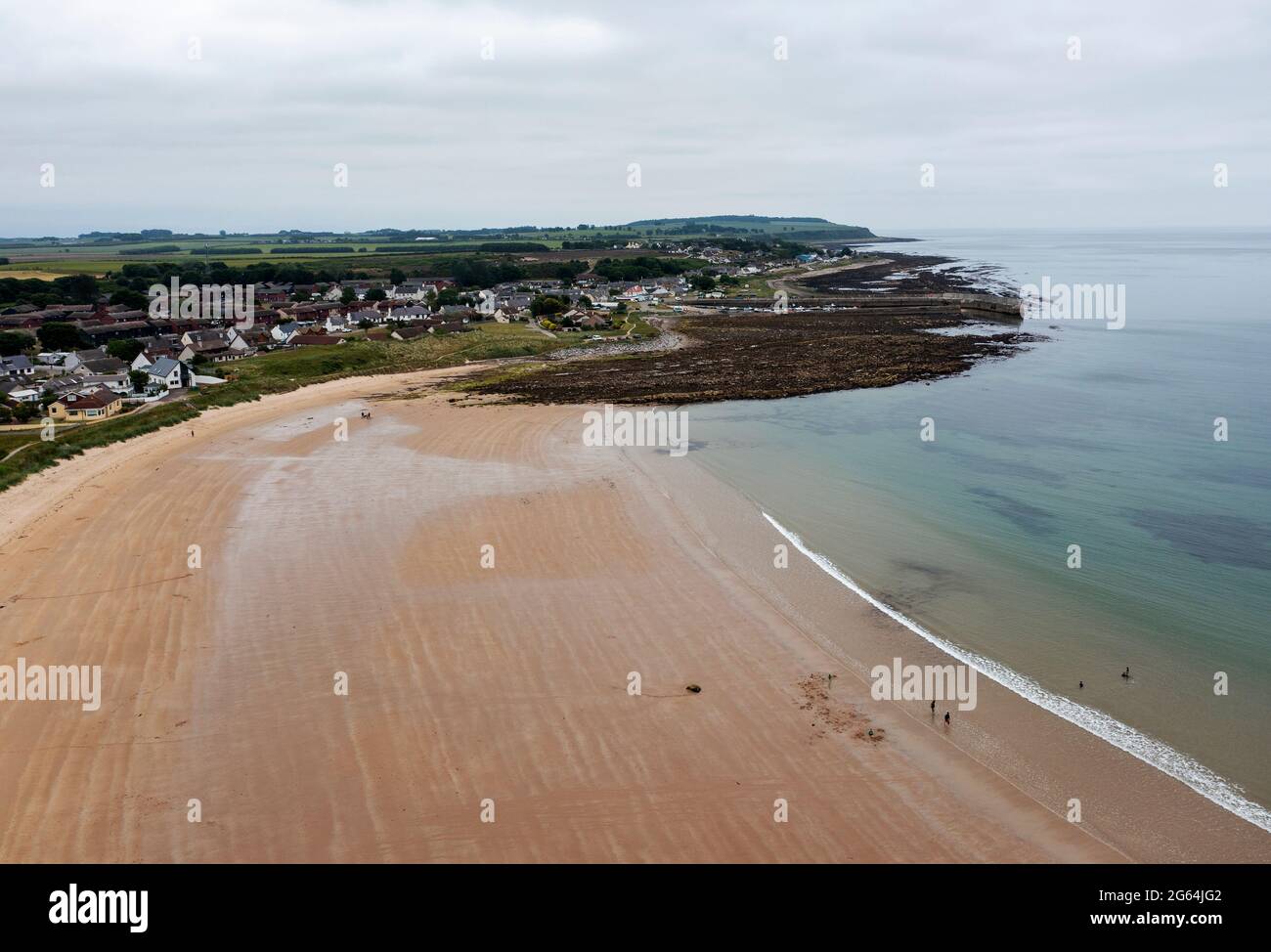 Aerial view of Shandwick Bay beach and seaboard villages of Shandwick and Balintore. Stock Photo