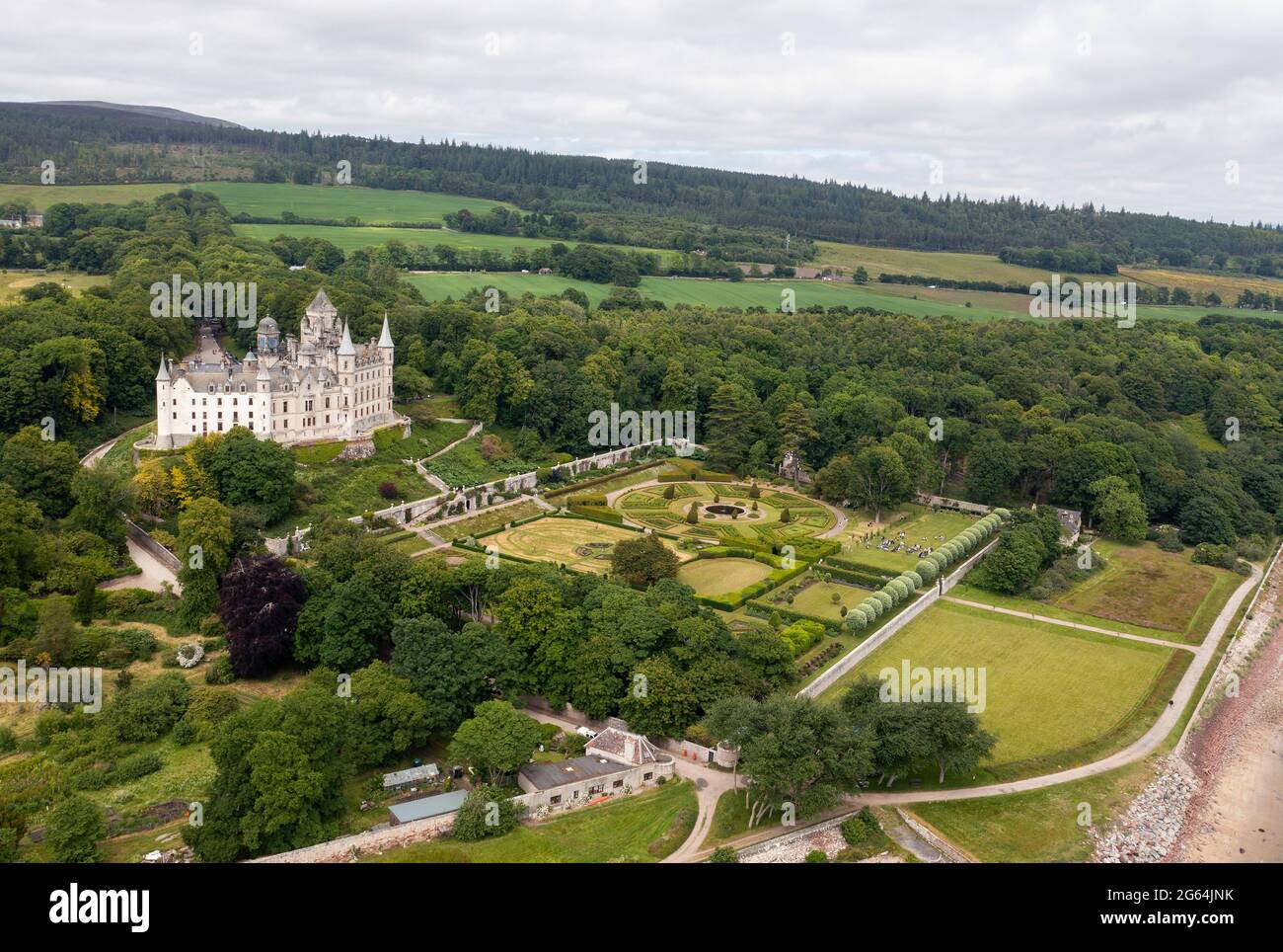 Aerial view of Dunrobin Castle, Golspie, Sutherland, Scotland, Home of the Earls and Dukes of Sutherland. Stock Photo