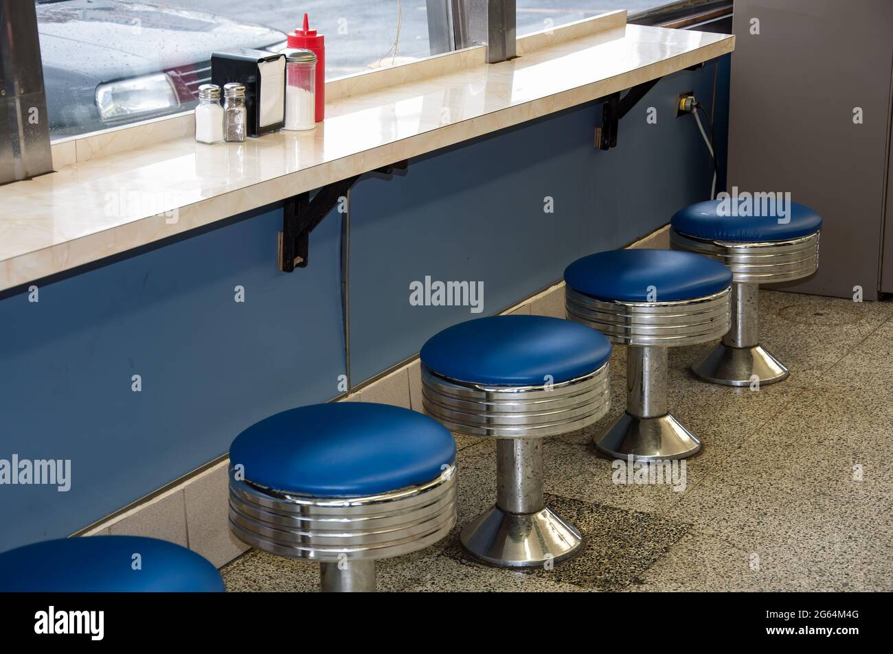 Vintage bar stools at a counter in a local diner in New Jersey Stock Photo