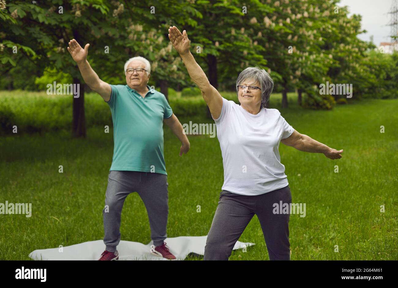 Smiling elderly retired active couple exercising doing morning workout in park Stock Photo