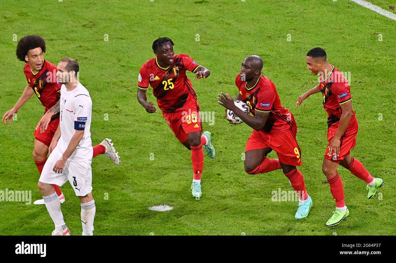 Munchen Germany 02nd July 21 Belgian Forward Romelu Lukaku 9 Pictured Celebrating After Scoring A Goal During A Soccer Game During The Quarter Final Euro European Championship Between The Belgian National