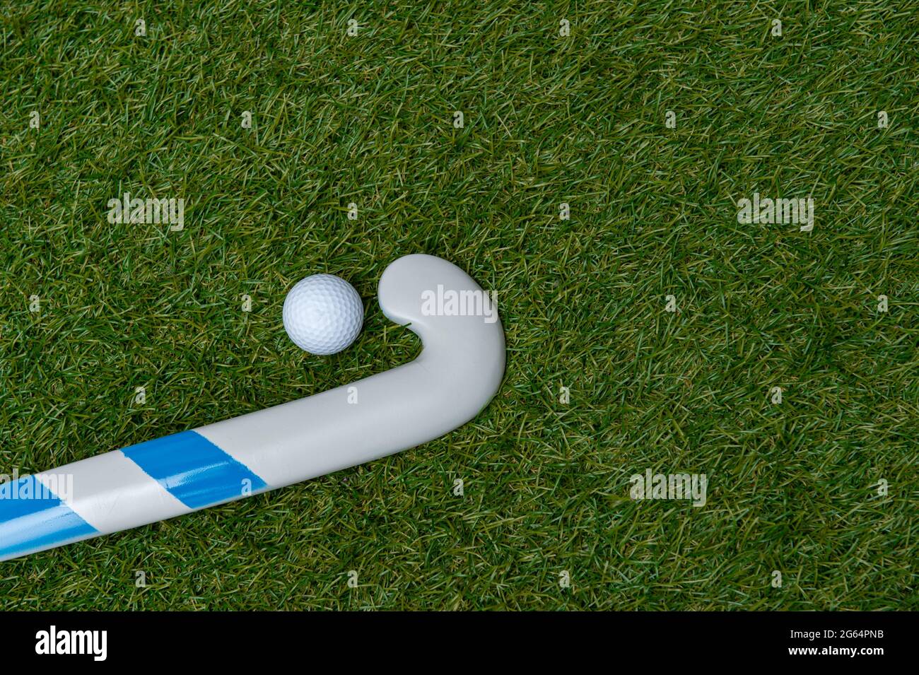 Field hockey stick and ball on the green field. Professional sport