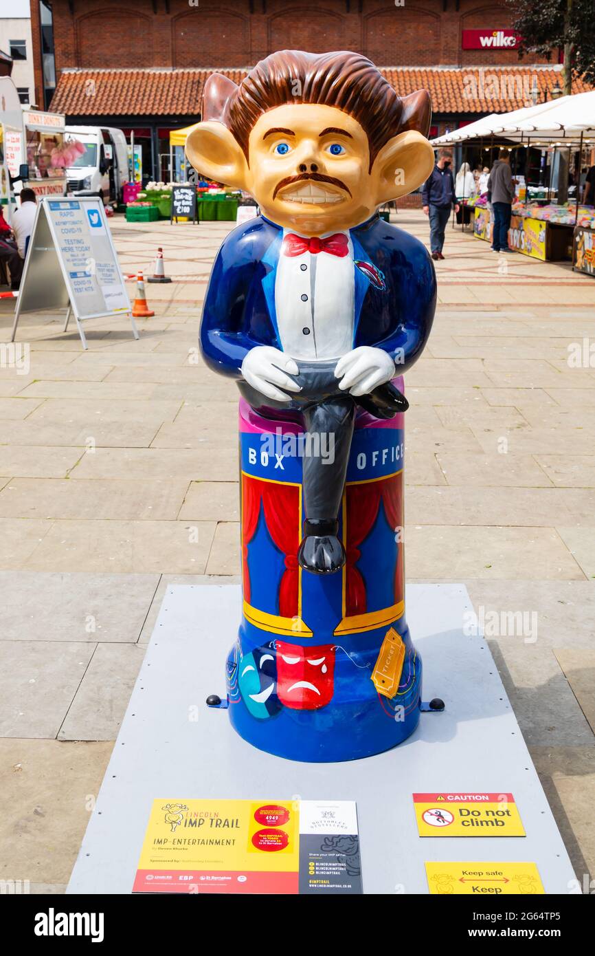 Imp-Entertainment by Deven Bhurke, sponsored by Bottomley Distillers. Lincoln Imp Trail 2021. Decorated Imps around Lincoln City. 2 July 2021. Lincoln Stock Photo