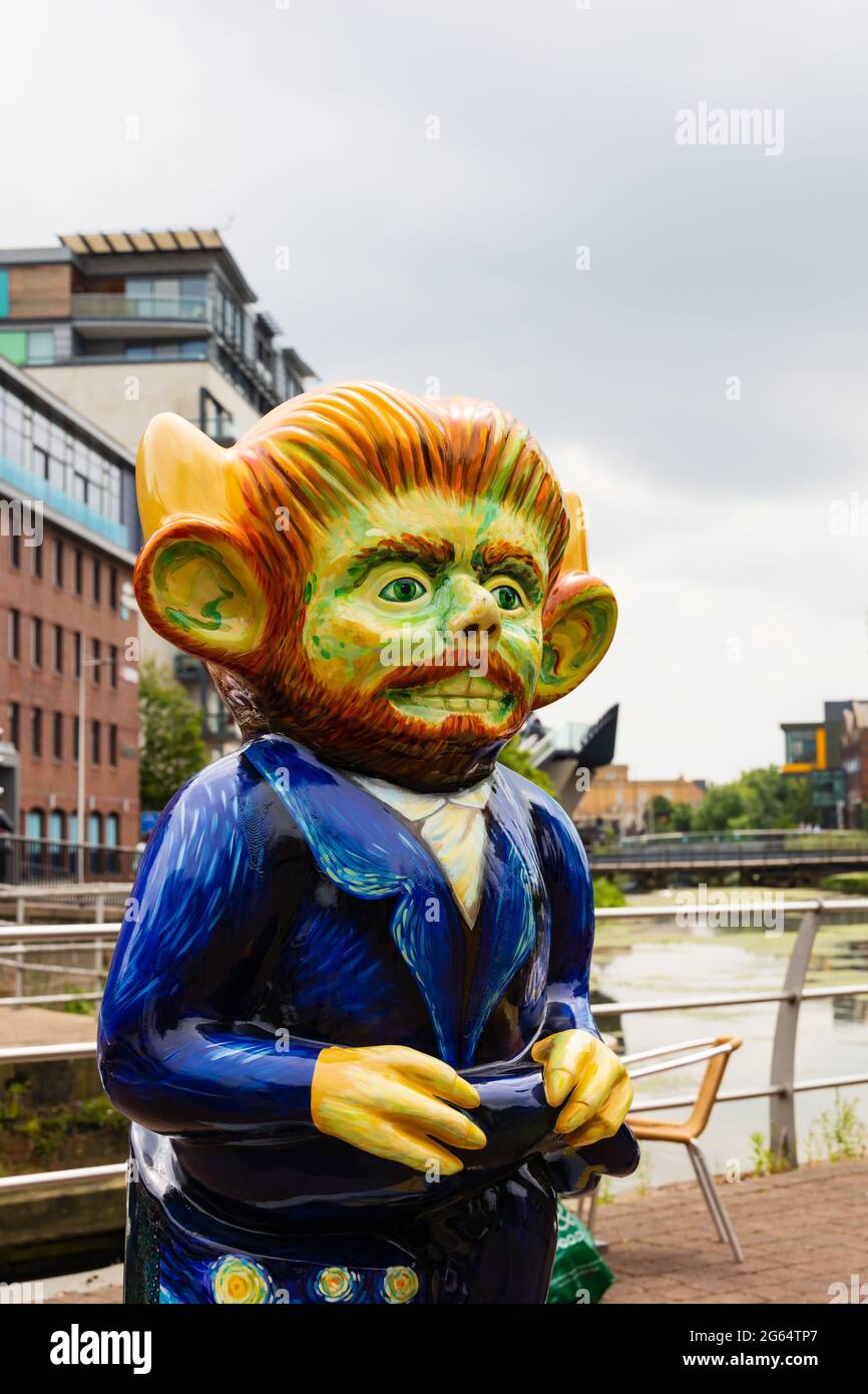Post Impression by Susan Webber and sponsored by Ruddocks. Lincoln Imp Trail 2021. Decorated Imps around Lincoln City. 2 July 2021. Brayford Wharf. Li Stock Photo