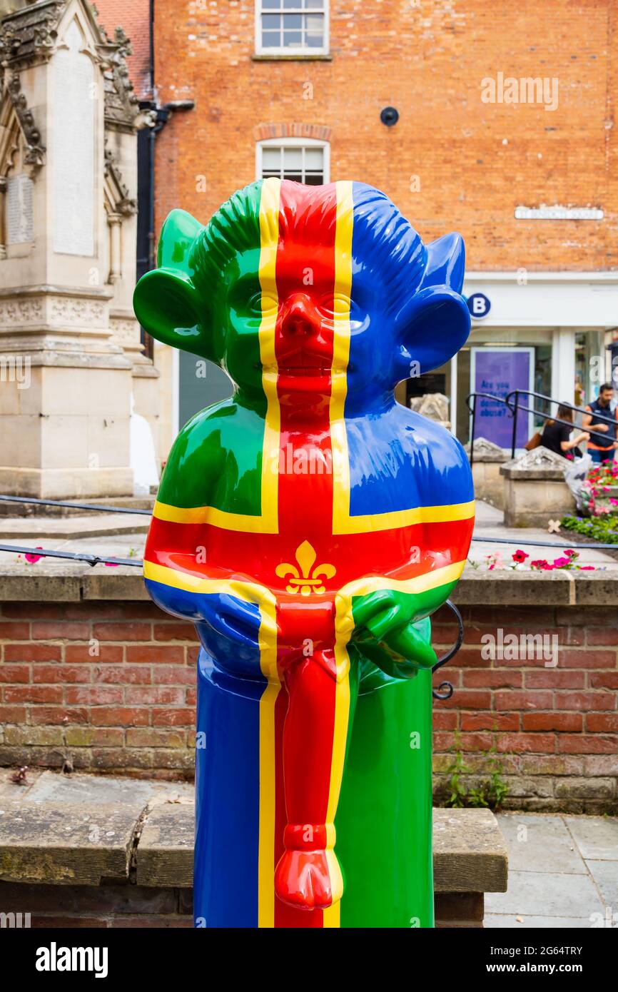 Lincolnshire Imp by Jon Garside and sponsored by Daniel Charles Construction. Lincoln Imp Trail 2021. Decorated Imps around Lincoln City. 2 July 2021. Stock Photo