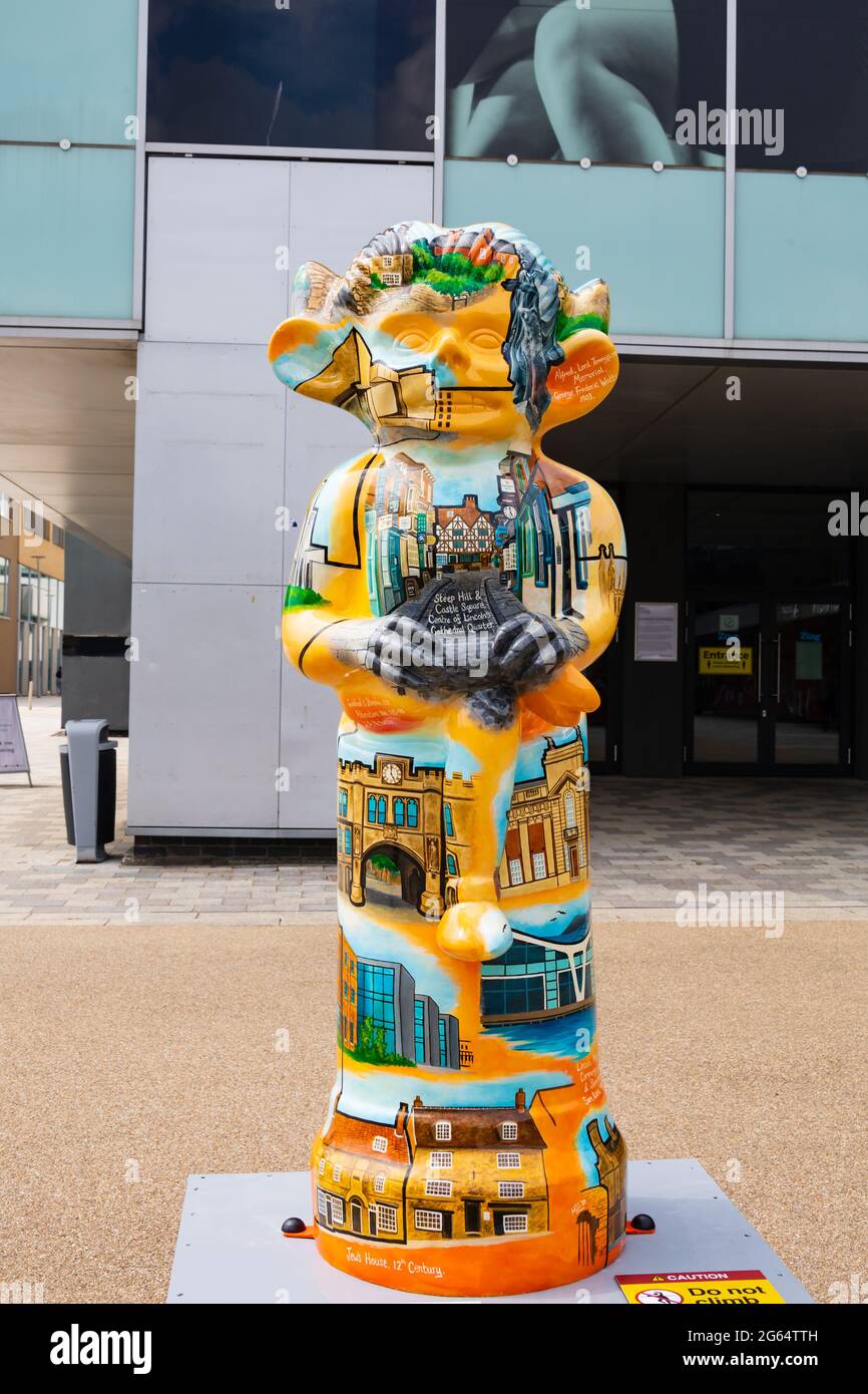 City Trail Imp by Mel Langton and sponsored Lincolnshire Society of Architects. by Lincoln Imp Trail 2021. Decorated Imps around Lincoln City. 2 July Stock Photo