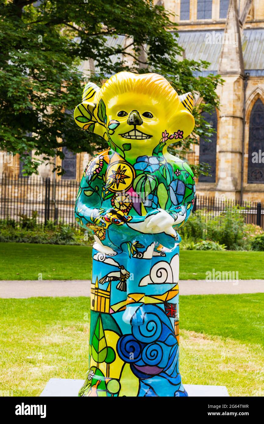 Voyage of Discovery by Rosie Bowskill and sponsored by Lincoln Cathedral. Lincoln Imp Trail 2021. Decorated Imps around Lincoln City. 2 July 2021. Lin Stock Photo