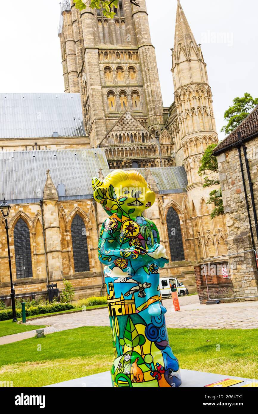 Voyage of Discovery by Rosie Bowskill and sponsored by Lincoln Cathedral. Lincoln Imp Trail 2021. Decorated Imps around Lincoln City. 2 July 2021. Lin Stock Photo