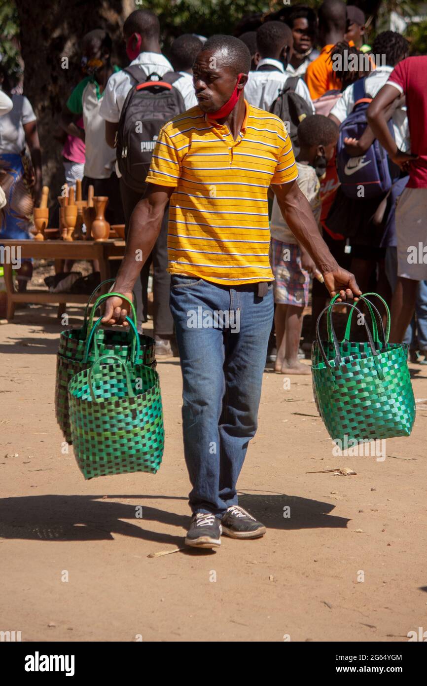 Street vendor selling baskets of sisal on the street Stock Photo