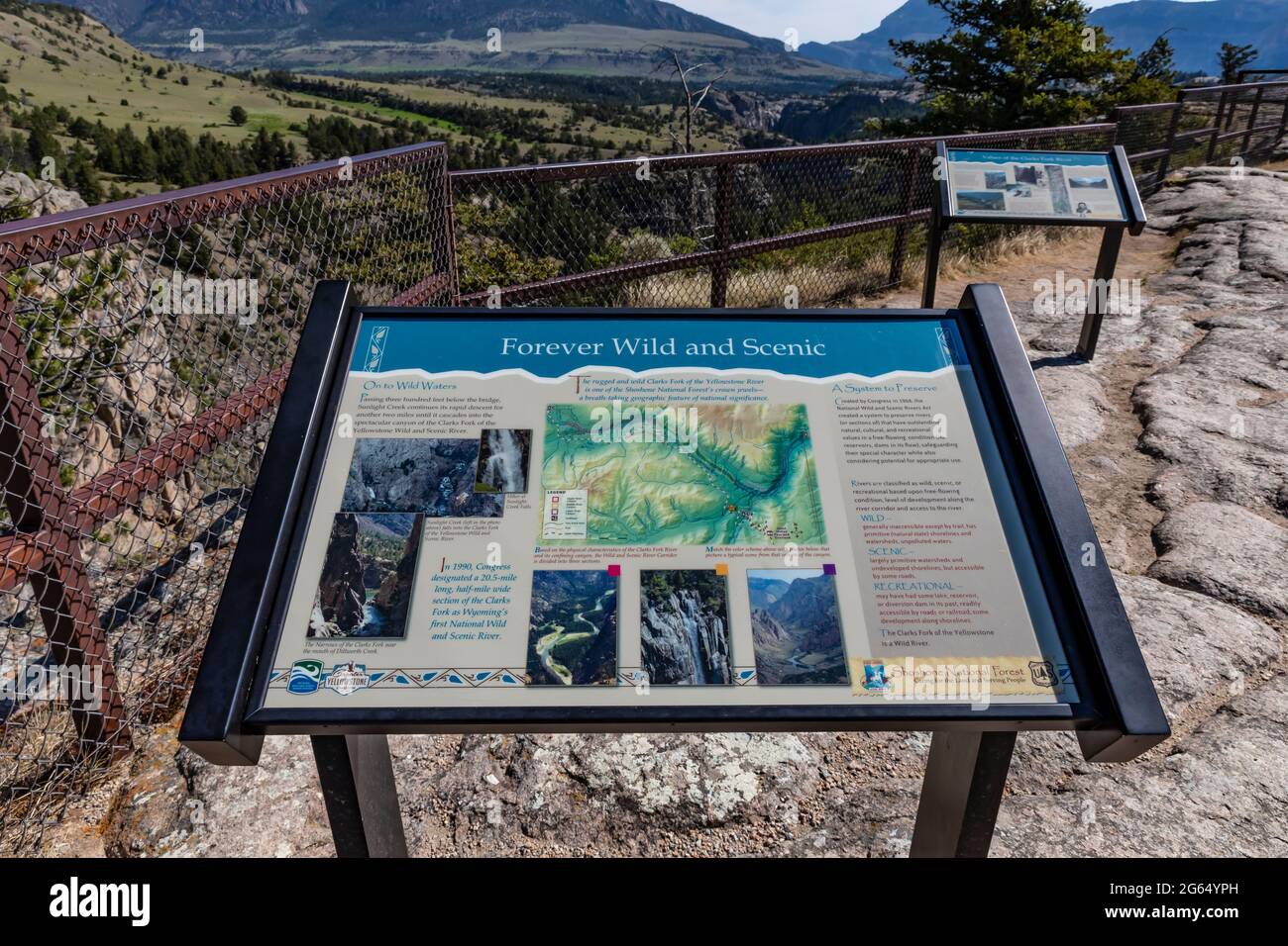 Forever Wild and Scenic sign at Sunlight Creek along Chief Josepth Scenic Byway, Shoshone National Forest, Wyoming, USA {No copyright release; availab Stock Photo