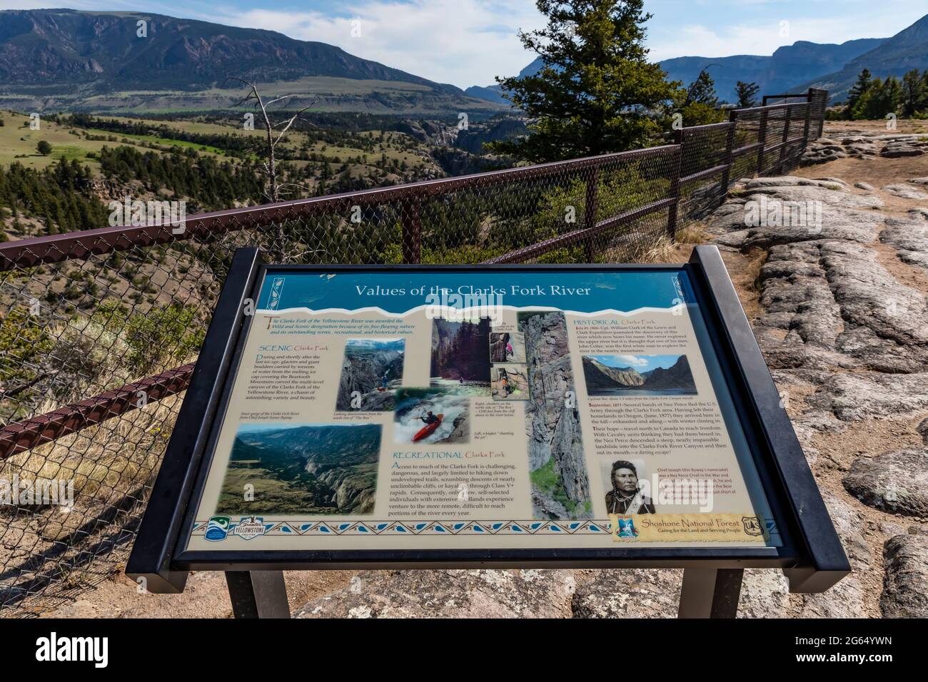 Clarks Fork River interpretive sign at Sunlight Creek along Chief Josepth Scenic Byway, Shoshone National Forest, Wyoming, USA {No copyright release; Stock Photo