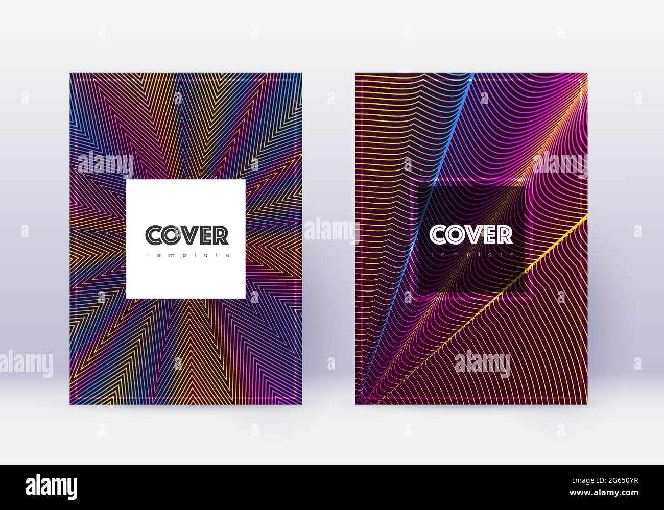 Hipster cover design template set. Rainbow abstract lines on wine red ...