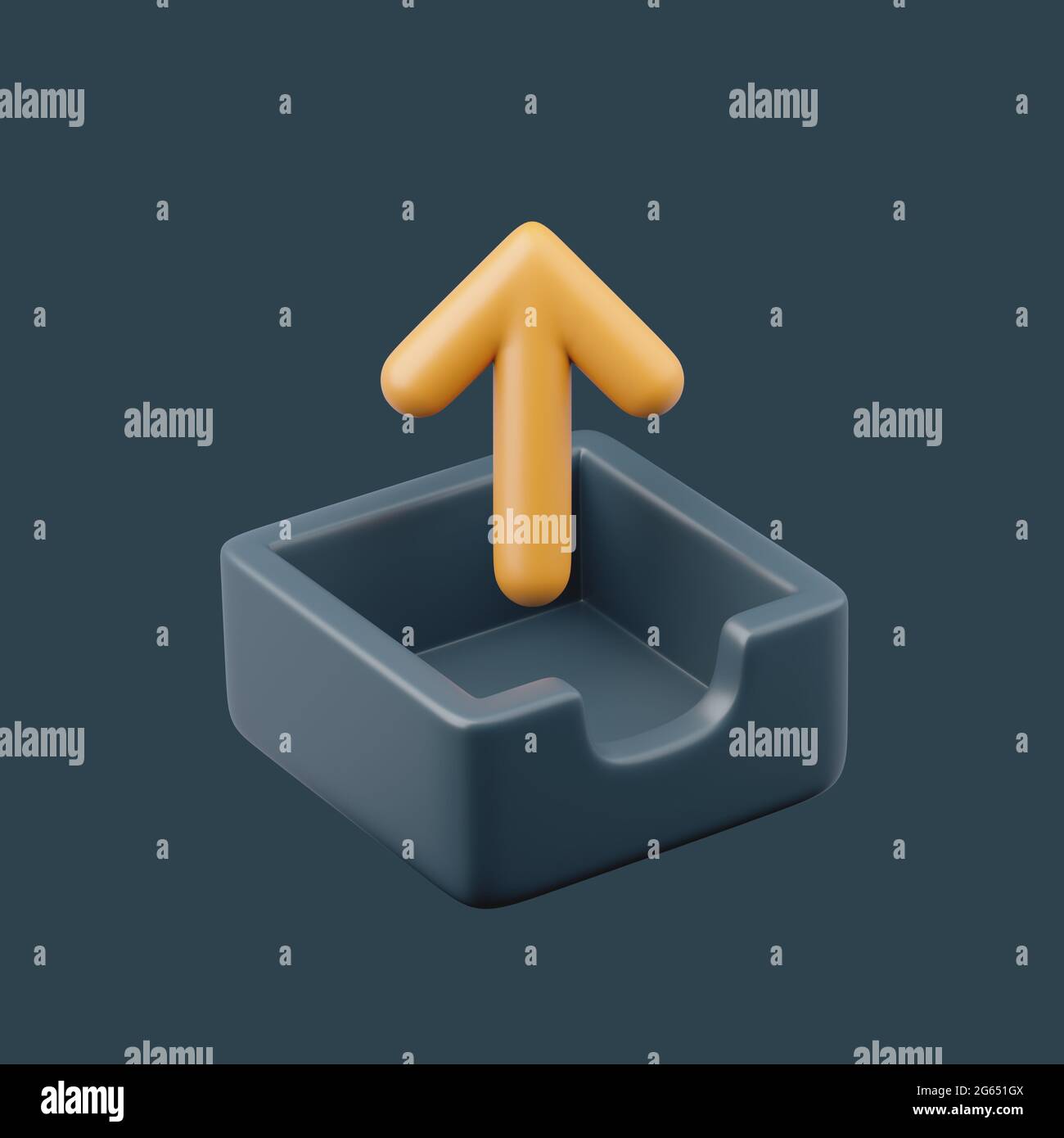 Upload icon with yellow up arrow. Simple 3d render illustration on pastel background. Isolater object with soft shadows Stock Photo