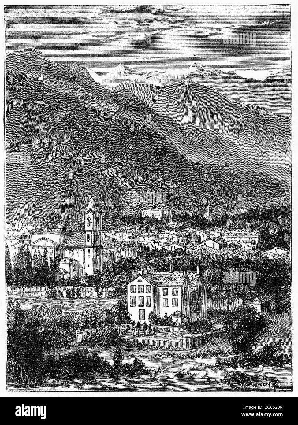 Engraving of La Torre, Spain in the 1500s. La Torre is now a municipality composed of the districts of Balbarda, Blacha, Guareña, Oco and Sanchicorto,  in the province of Ávila, Castile and León, Spain Stock Photo