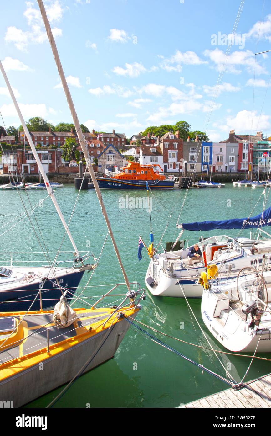 Boats on the river at Weymouth Harbour in Dorset, England. Stock Photo
