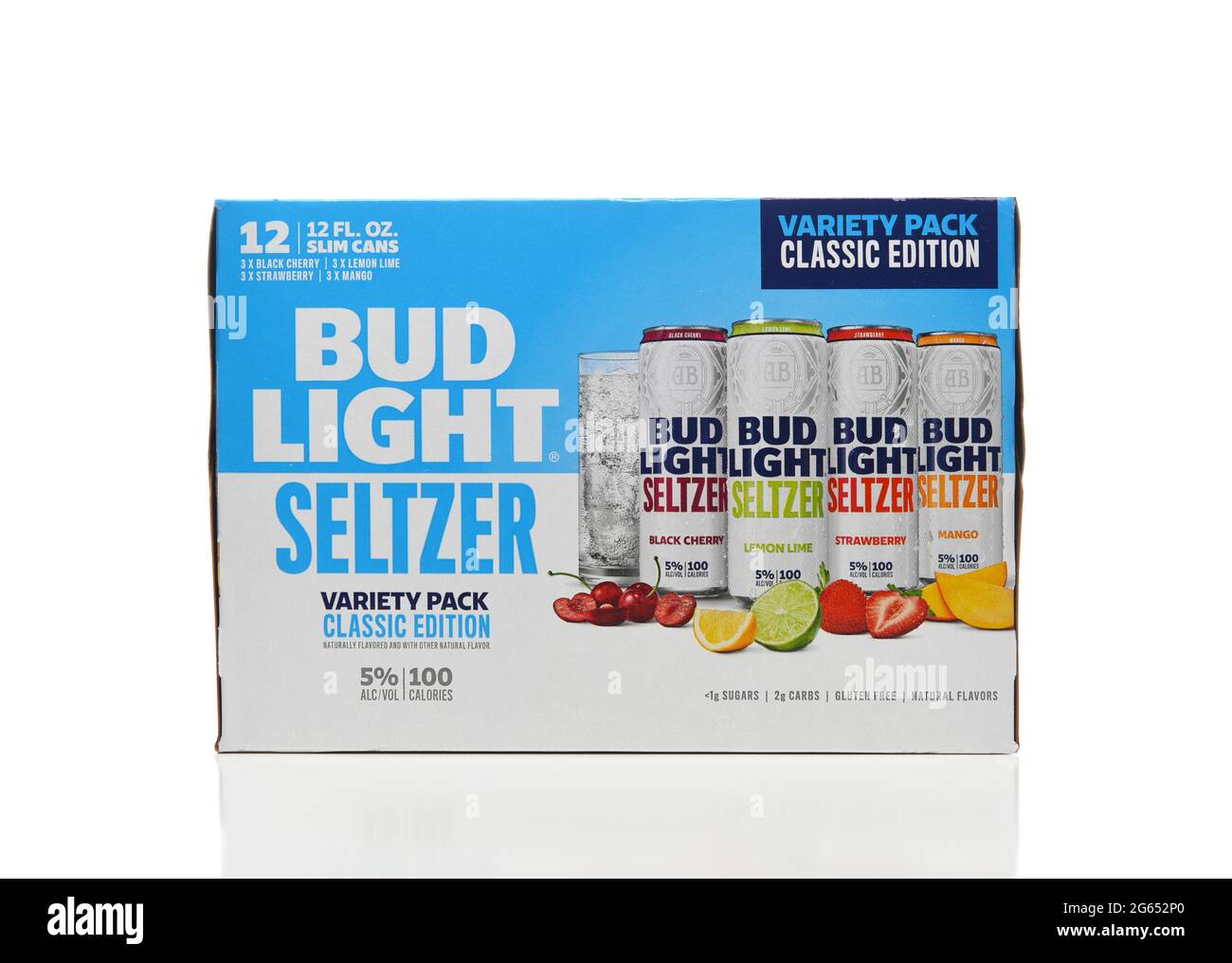IRIVNE, CAIFORNIA - 2 JULY 2021: Bud Light Seltzer 12. Lemon Lime, Mango, Strawberry and Black Cherry flavored alocoholic beverage. Stock Photo