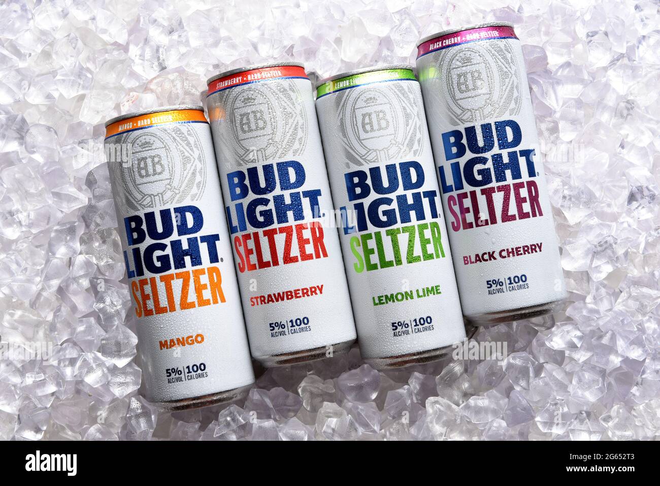 IRIVNE, CAIFORNIA - 2 JULY 2021: Bud Light Seltzer. Four cans, Lemon Lime, Mango, Strawberry and Black Cherry flavors in a bed of ice. Stock Photo