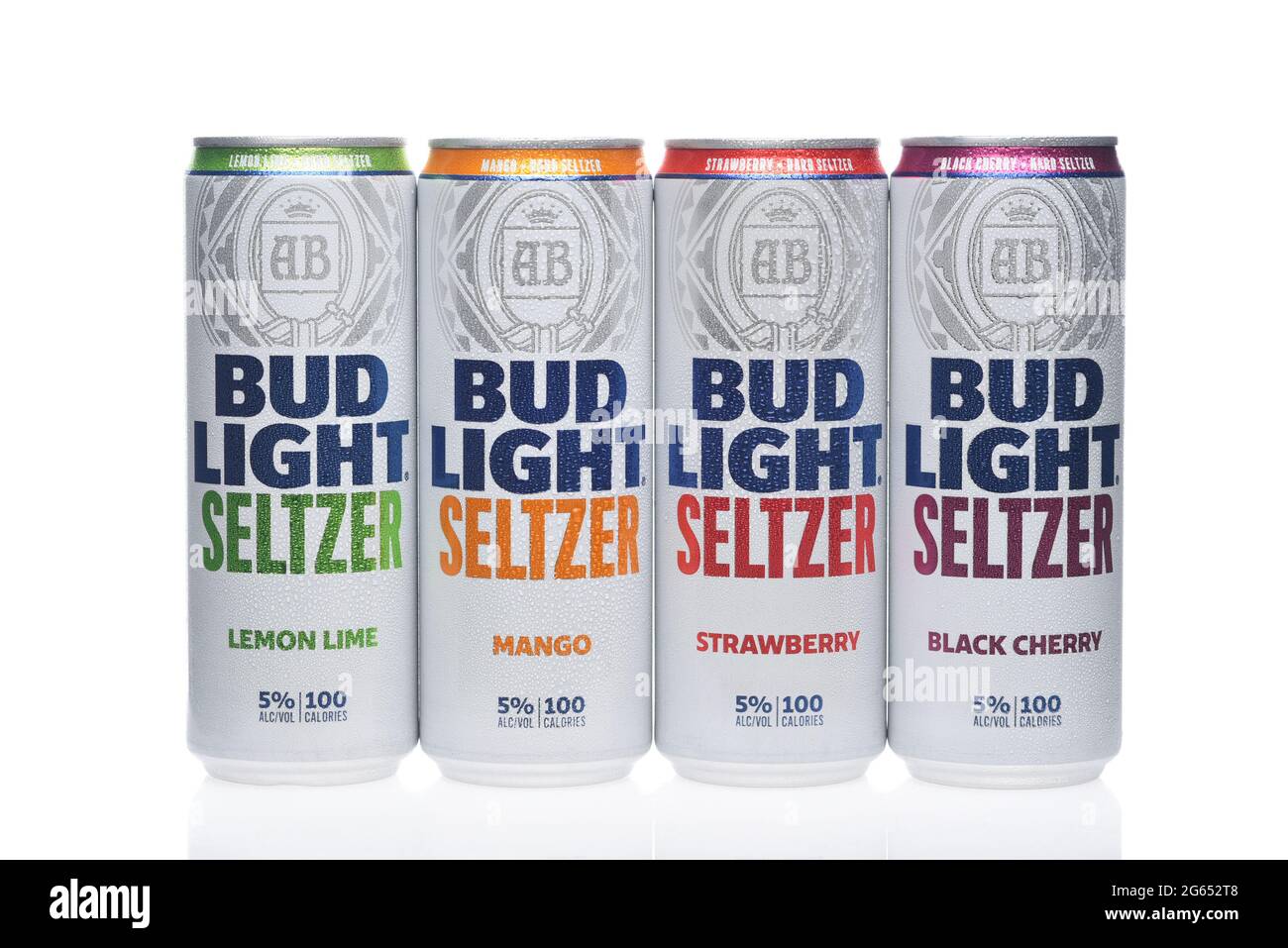 IRIVNE, CAIFORNIA - 2 JULY 2021: Bud Light Seltzer. Four cans, Lemon Lime, Mango, Strawberry and Black Cherry flavors on white. Stock Photo