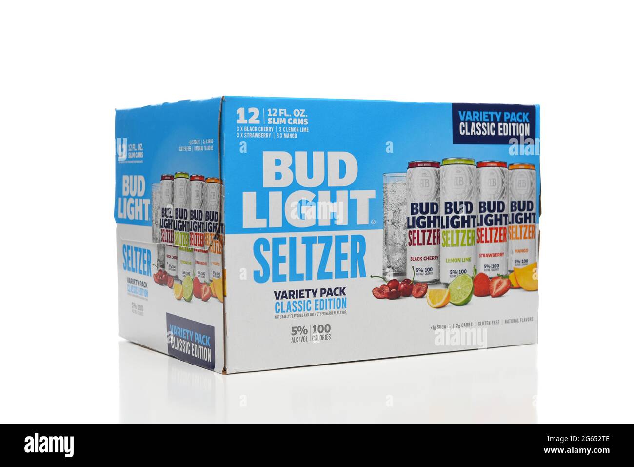 IRIVNE, CAIFORNIA - 2 JULY 2021: Bud Light Seltzer 12 pack side end view. Lemon Lime, Mango, Strawberry and Black Cherry flavored alocoholic beverage. Stock Photo