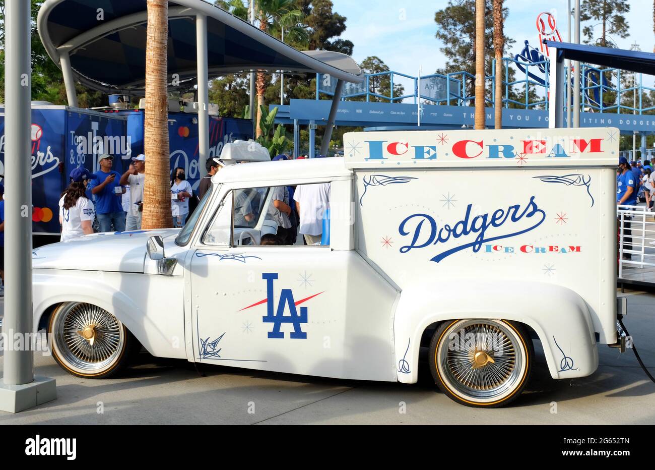 LOS ANGELES, CALIFORNIA, 29 JUNE 2021:  Dodger Ice Cream Truck in the Outfield Plaza of Dodger Stadium. Stock Photo