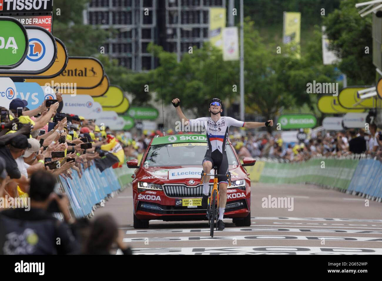 Le Creusot, France. 02 July 2021. Matej Mohoric crossing the finish line of the 7th stage of the Tour de France in Le Creusot, France. Julian Elliott News Photography Credit: Julian Elliott/Alamy Live News Stock Photo