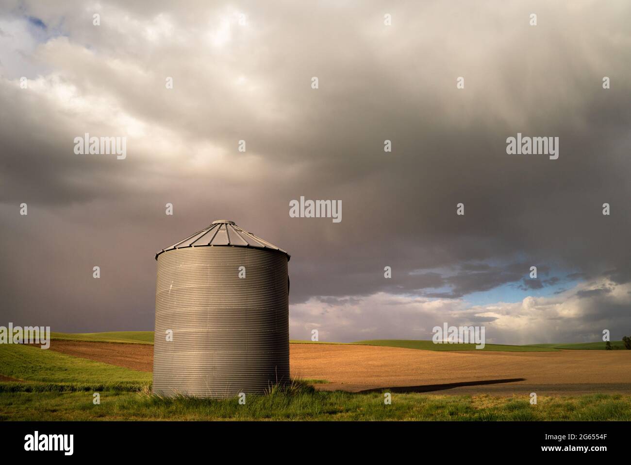 View of industrial grain silo from wheat farm in the Palouse Washington State Stock Photo Alamy