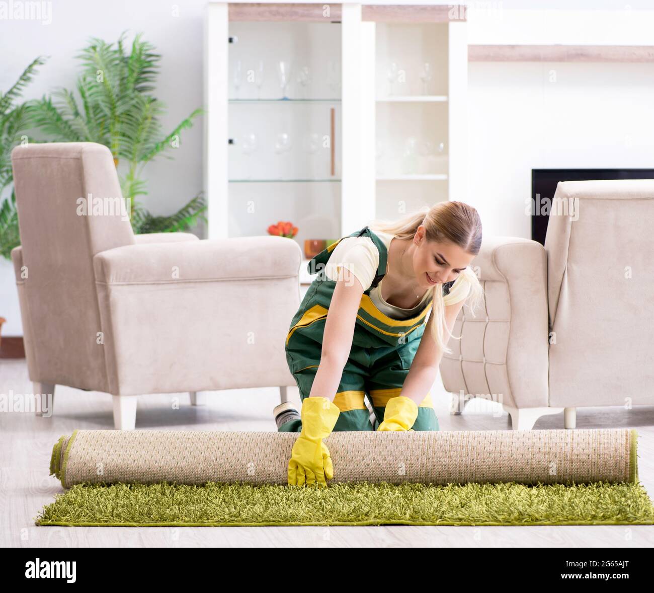 The professional female cleaner cleaning carpet Stock Photo - Alamy