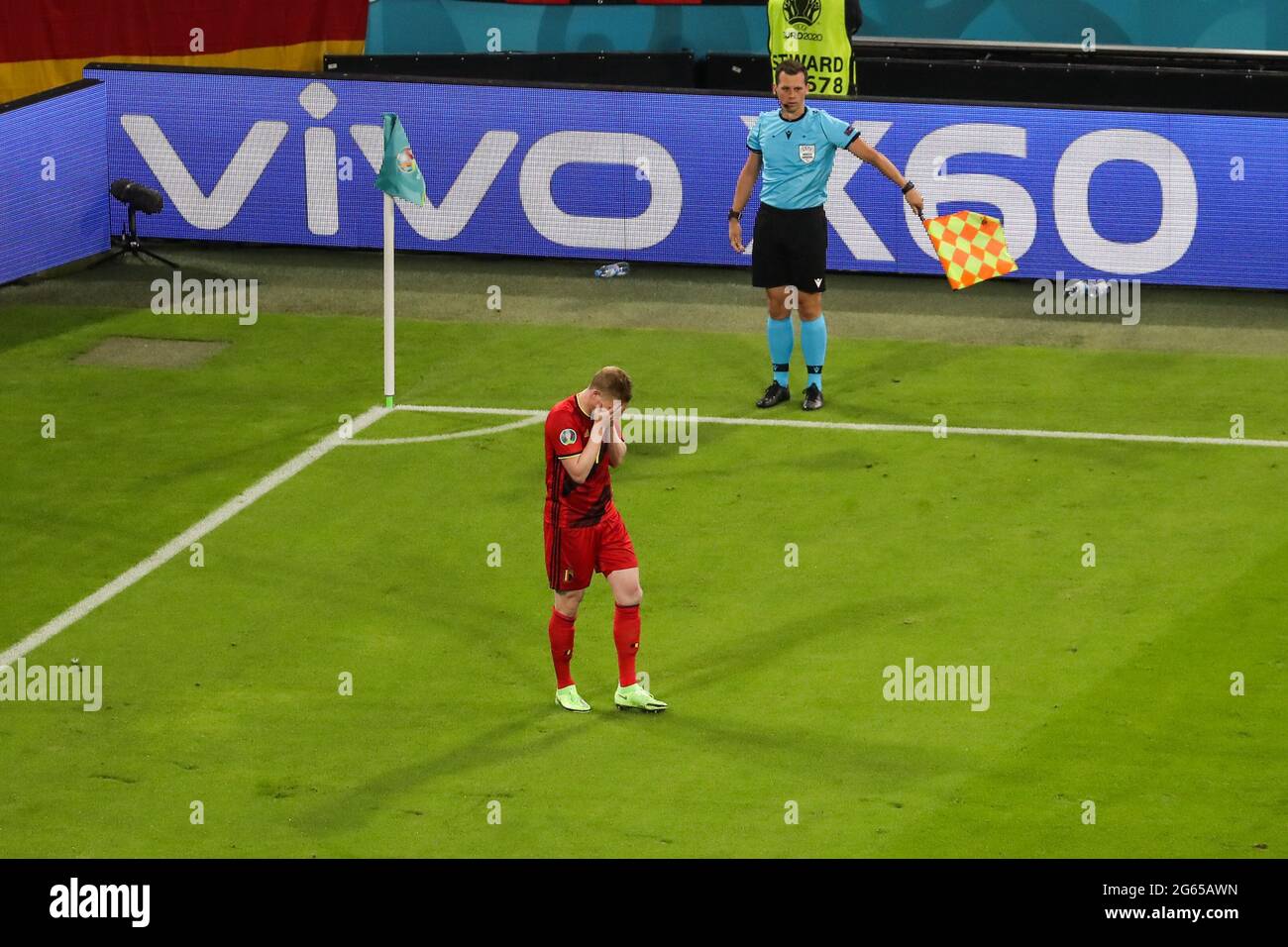 Munich, Germany. 2nd July, 2021. Kevin De Bruyne of Belgium reacts during a UEFA Euro 2020 Championship quarterfinal match between Belgium and Italy in Munich, Germany, July 2, 2021. Credit: Shan Yuqi/Xinhua/Alamy Live News Stock Photo