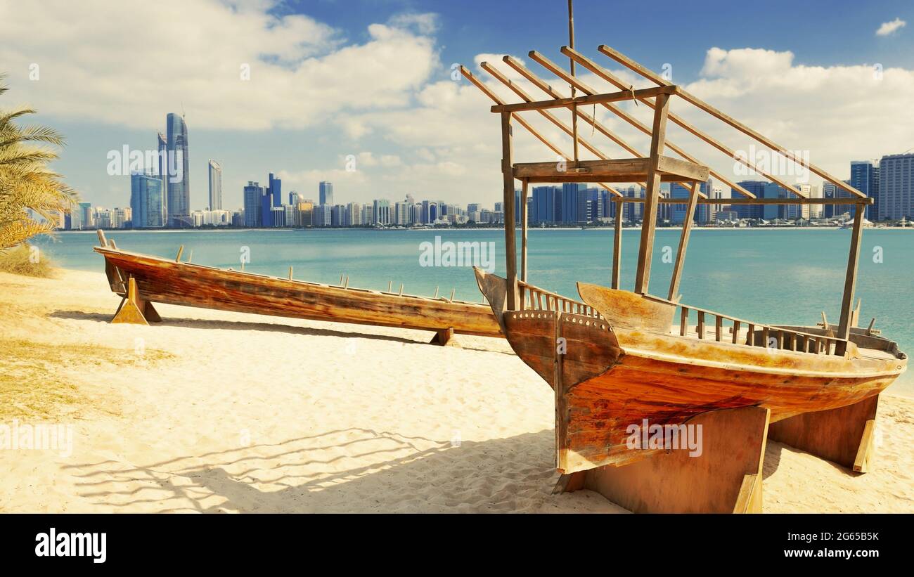 Old fishing boat in Heritage Village, Abu Dhabi, UAE. Stock Photo