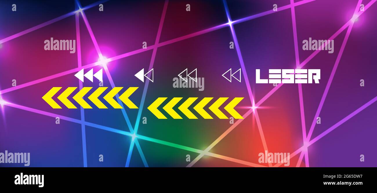 Graphic illustration art colorful background with white translucent line with laser text and yellow arrow, purple, red, blue, pink, green, orange Stock Vector