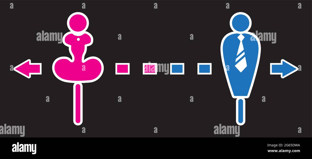 image of illustration human symbol, man with blue, and woman in pink, with arrows and dash line in blue and pink on gray background Stock Vector