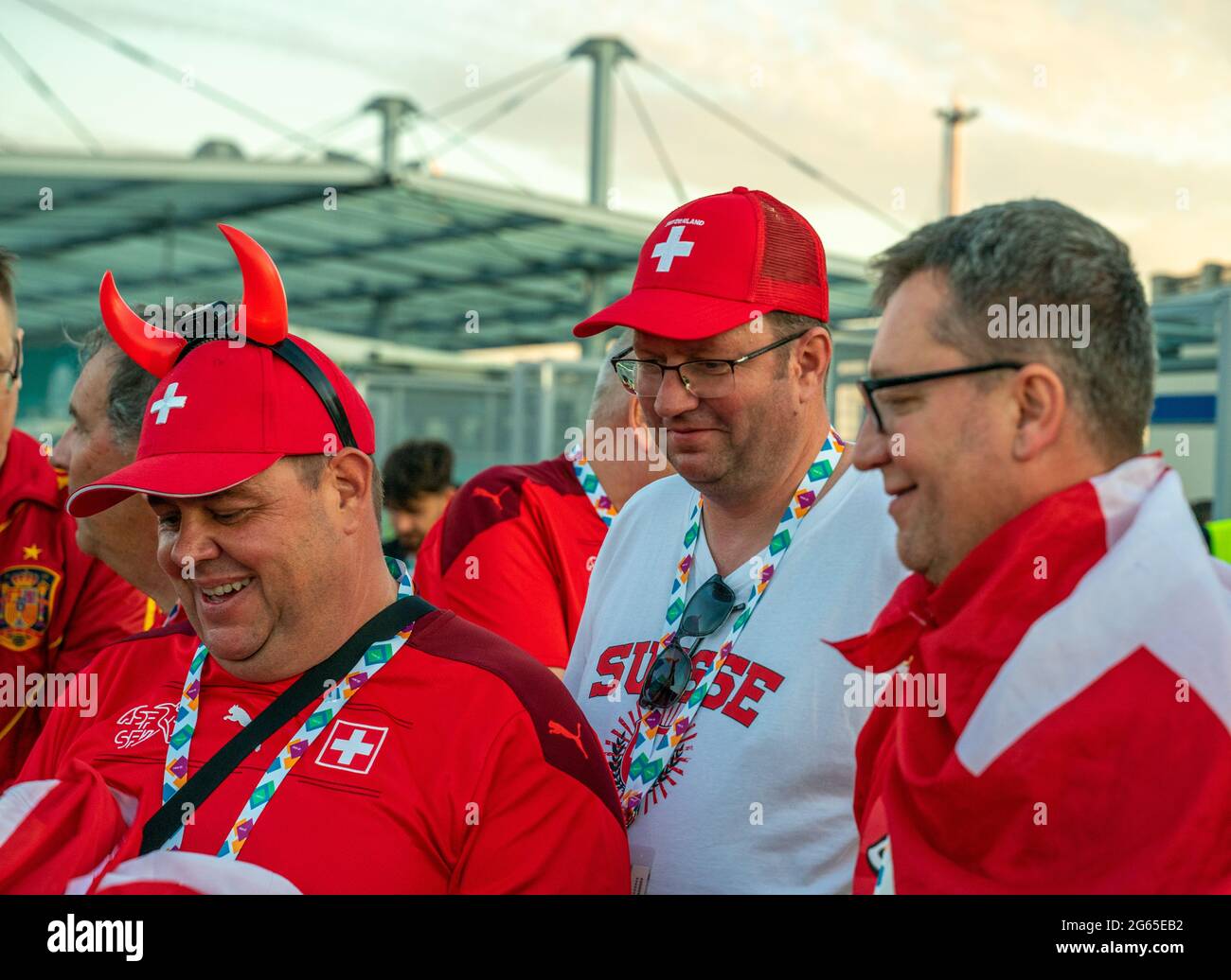 Swiss football fans dressed in colorful Suisse outfits, horned cap, after  UEFA EURO 2020 quarterfinal game Switzerland-Spain, St Petersburg, Russia  Stock Photo - Alamy