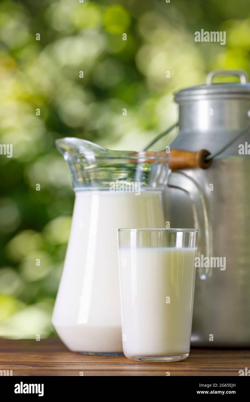 milk in glass and jug with metal can Stock Photo