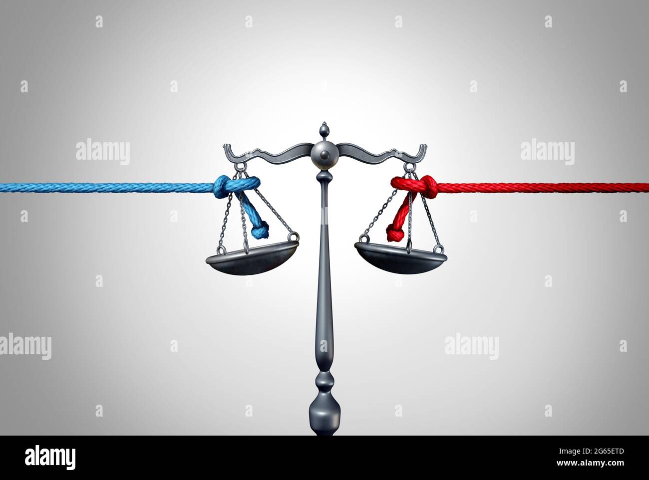 Politics and law or political legislation fight as a left and right leaning rope in a tug of war struggling to win social ideology justice representin Stock Photo