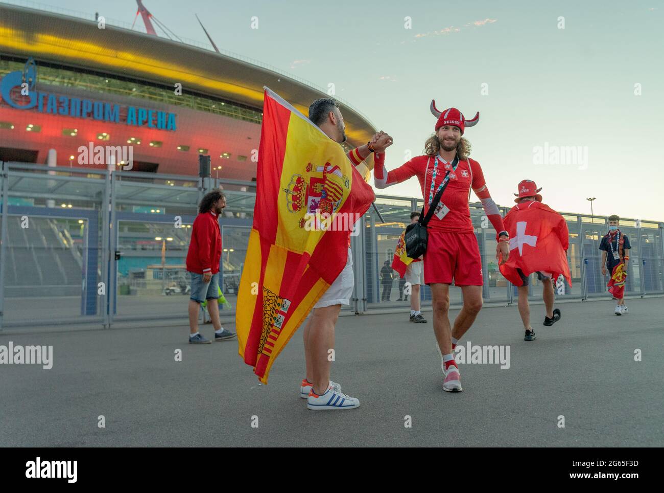 Spanish and Swiss football fans dressed in national outfits after  quarterfinal game Switzerland-Spain, Gazprom arena, St Petersburg, Russia  Stock Photo - Alamy