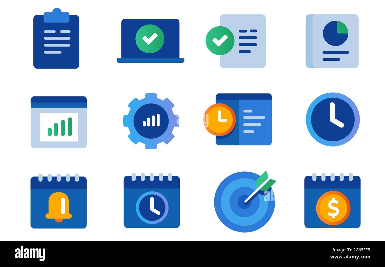 icon set collection of productivity gear notification calendar project management alert bell clock task list target in blue color Stock Vector