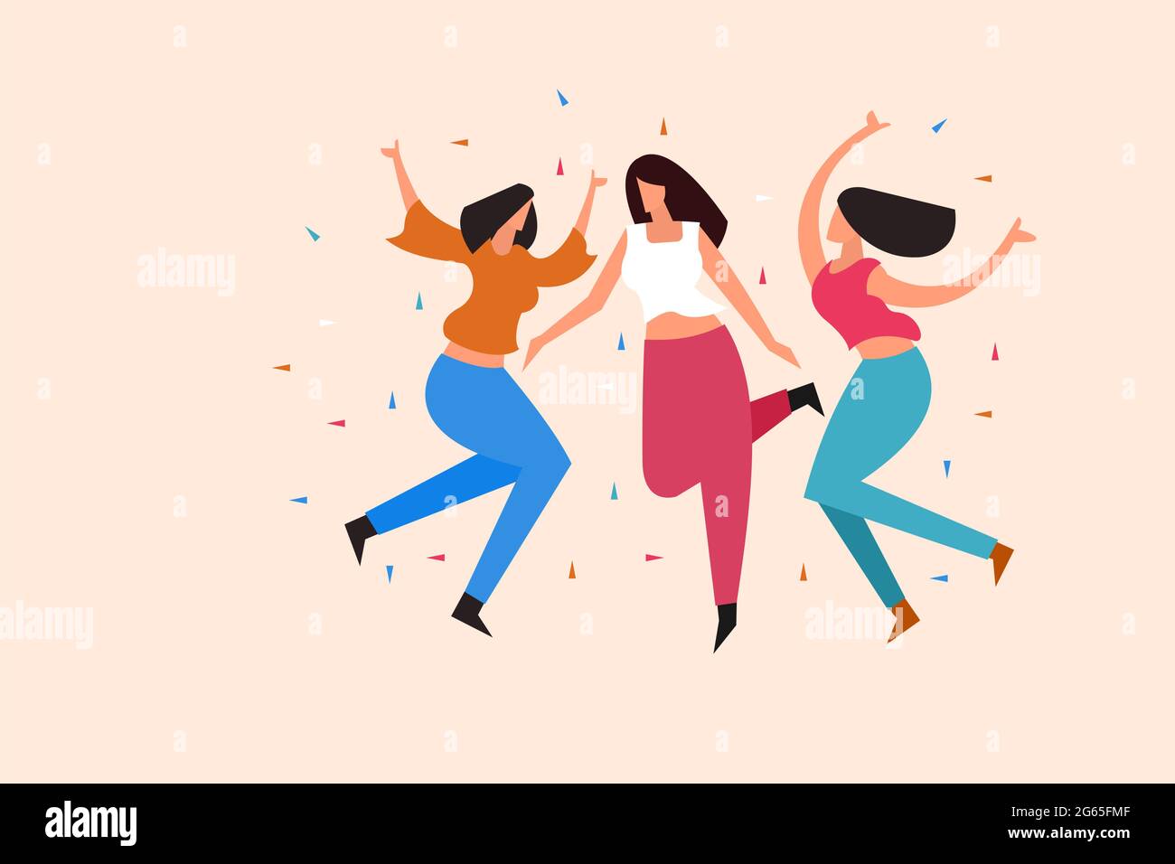 Illustration of three young women dancing and jumping out of joy Stock Vector