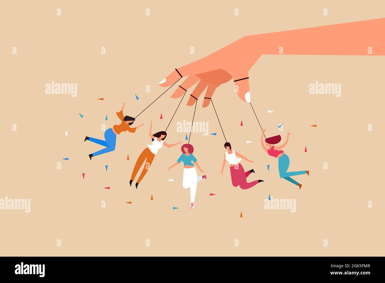 Puppeteer hand controlling people attached to strings .Concept of control and dependence Stock Vector