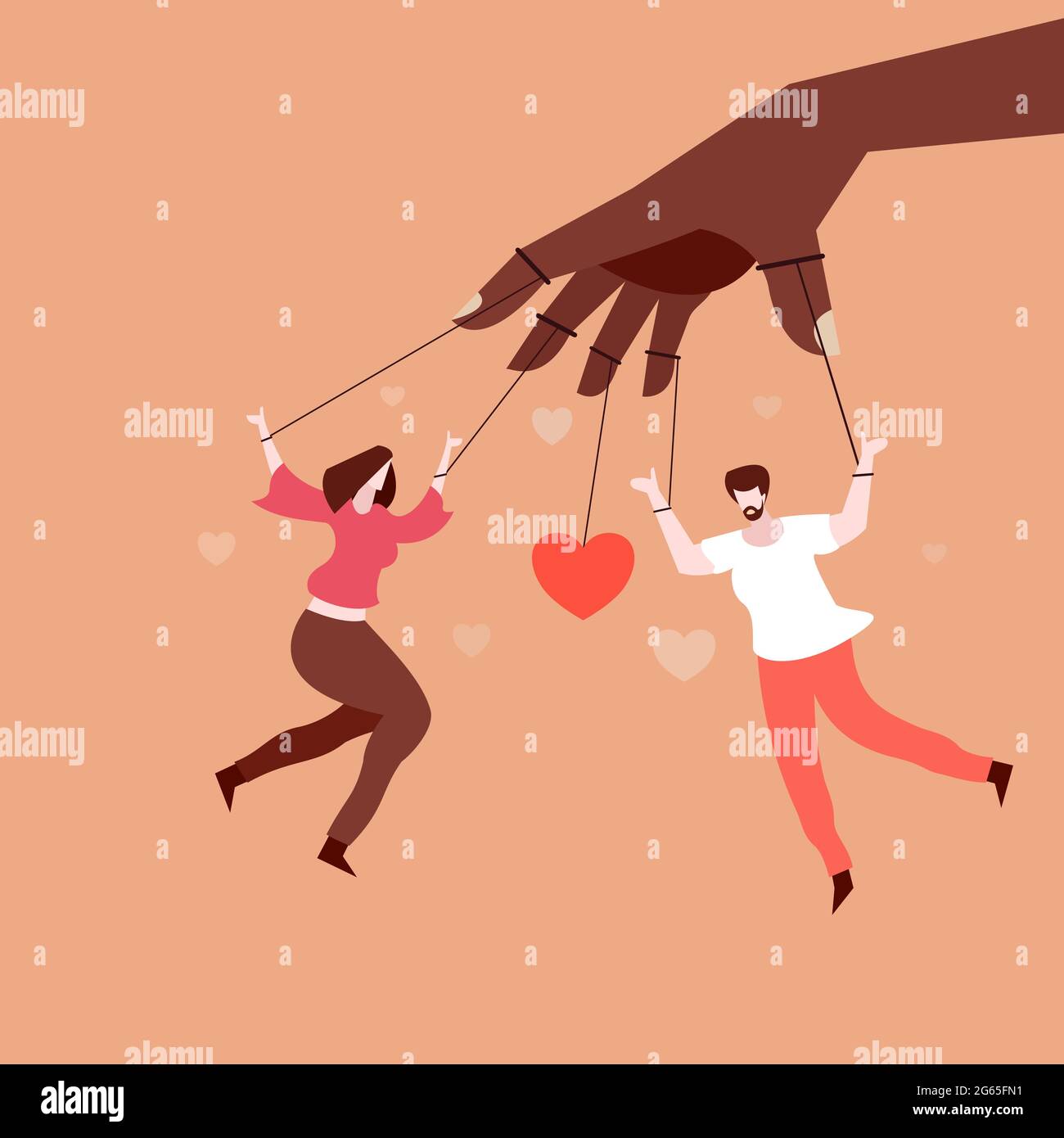 Puppeteer hand controlling man and woman attached to strings Stock Vector