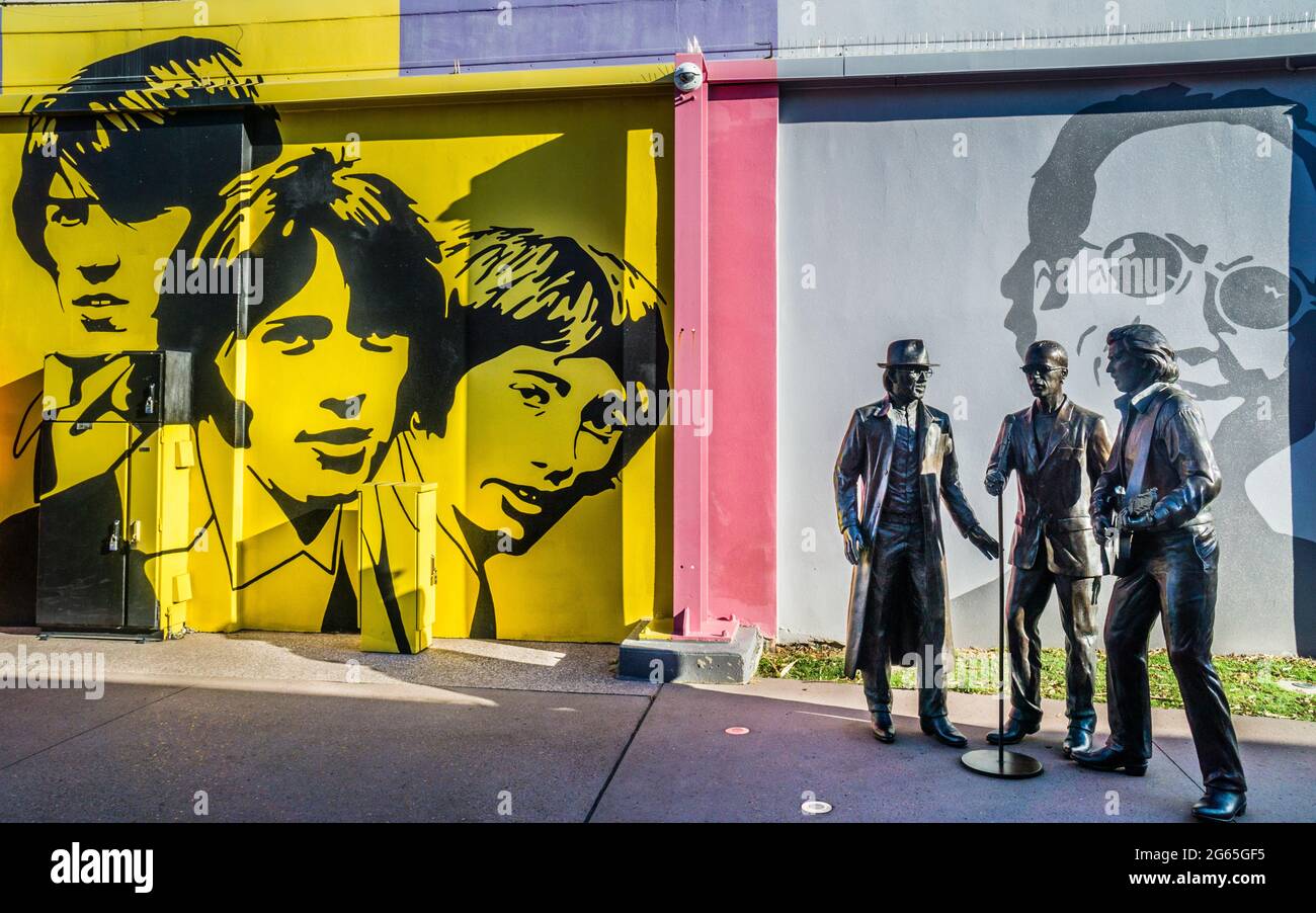 Bee Gees Way, a walkway filled with photos and videos of in honour of the popular Bee Gees music group trio consiting of Barry, Robin, and Maurice Gib Stock Photo
