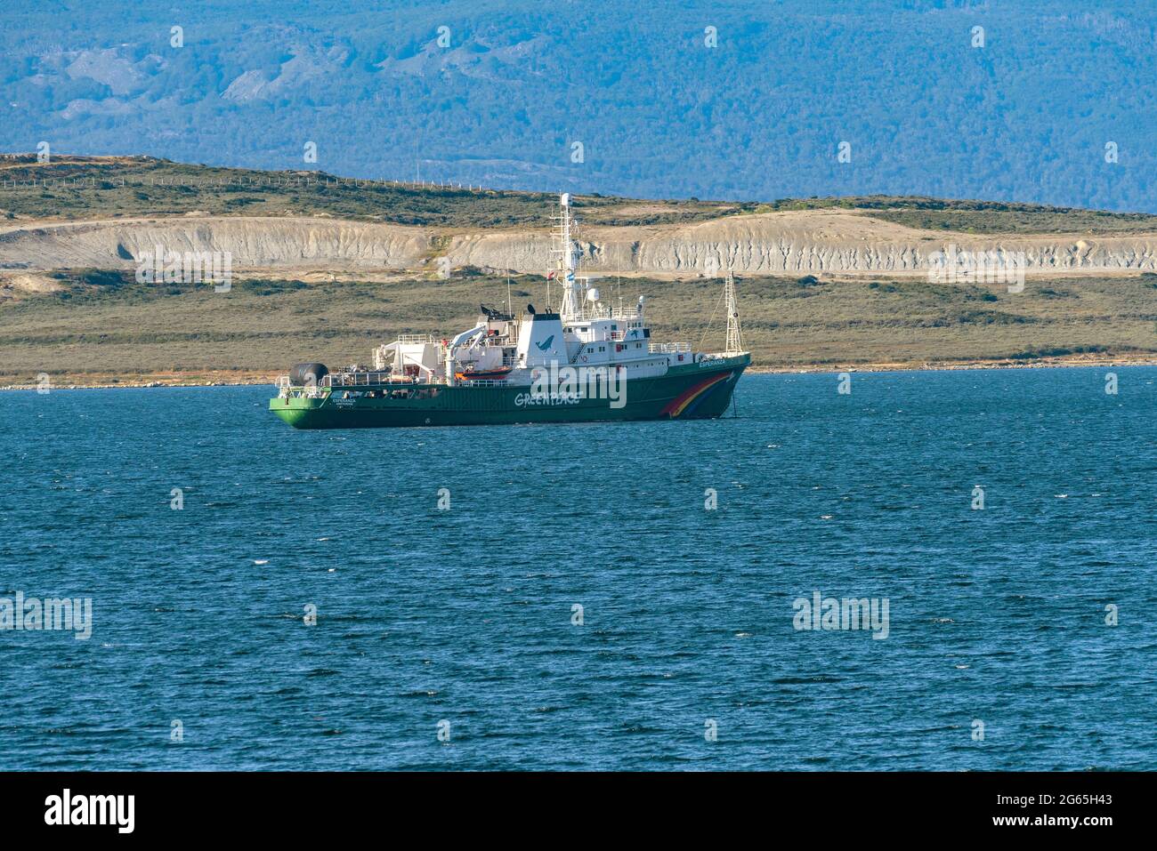 The greenpeace ship Esperanza in the Beagle Canal in front of the city Ushuaia, Patagonia, Argentina Stock Photo